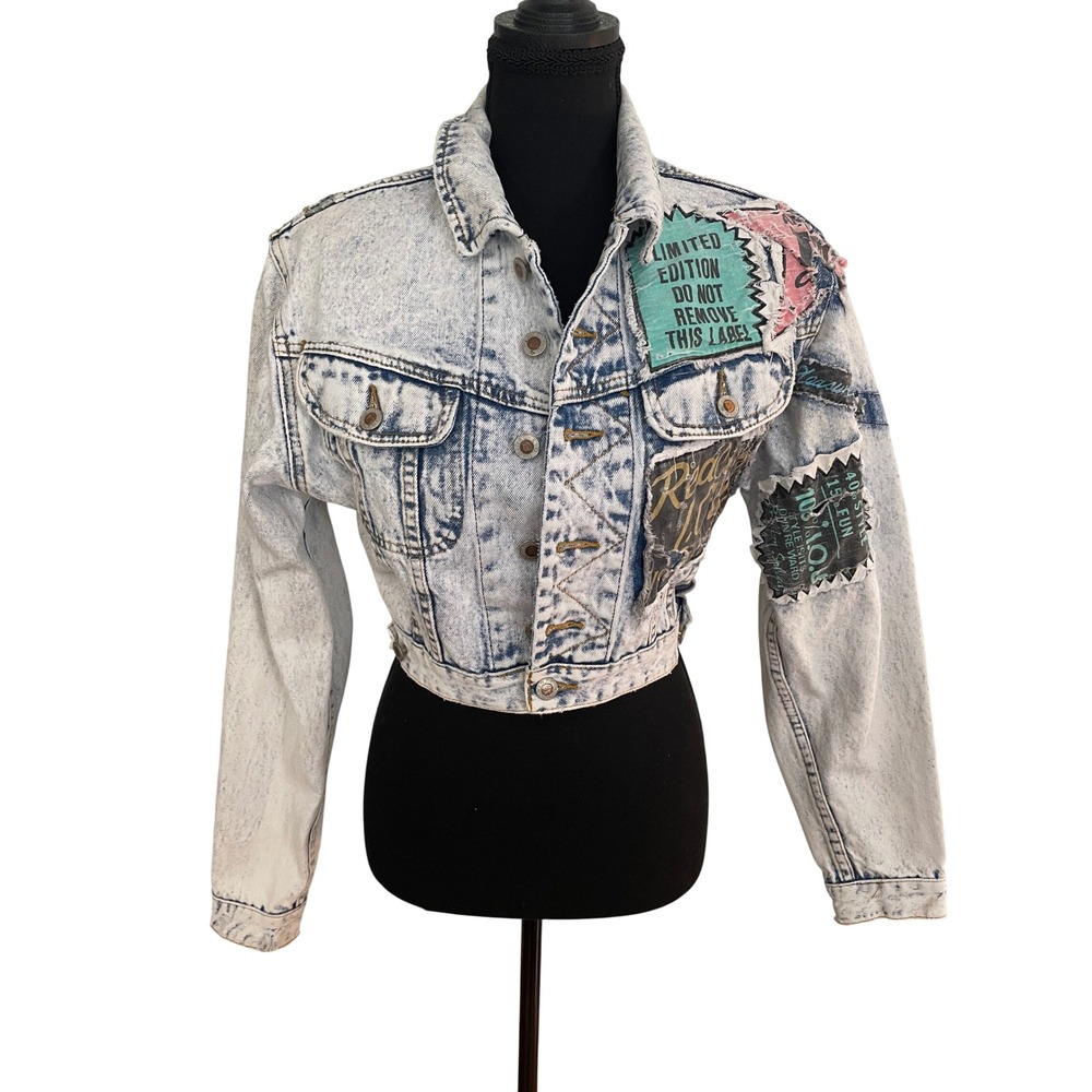 Vintage IOU Denim Jacket Women S Acid Wash Novelty Cropped Patch Y2K 80s 90s